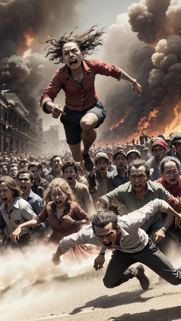 A crowd of people in panic running away from the burning stage, Dreadful expressions on the faces of people in the crowd as they realize the danger of the fire.