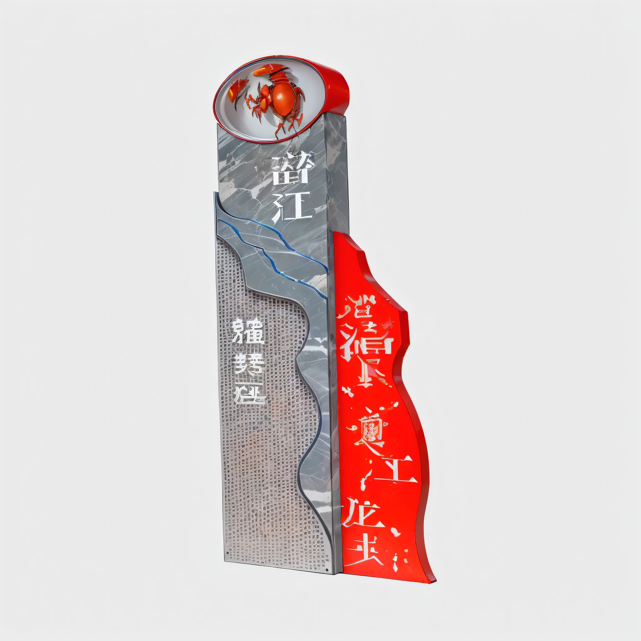 There is a sign saying this is Chinese, jiang sword, cross section, author:Travel in Kana, Cover Chinese text, Chiba Yudai, 3/4. Look up, author:Sengai, Bottom View, Extremely high level of detail, Illustration of an X-ray cross section,Keep original size,Material changed to marble,The bottom is replaced with metal material,Keep the crayfish on top,The white part is the gray punching plate
