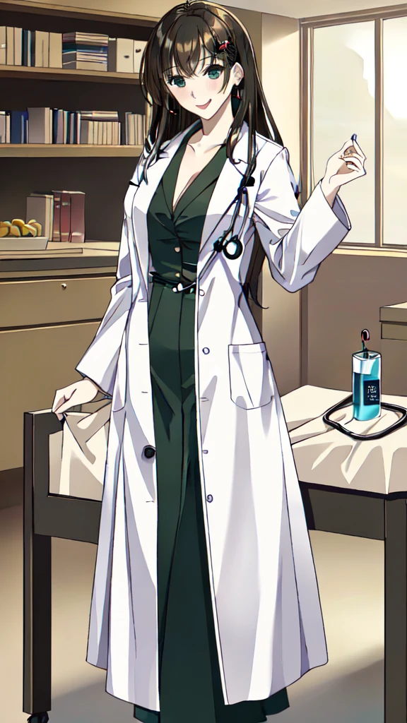 ((masterpiece, best quality, high quality)),1girl, (lower body, hospital), (doctor_uniform, labcoat, stethoscope, doctor),Large Breasts，cleavage，lipstick，Smile，lipstick，Green eyes