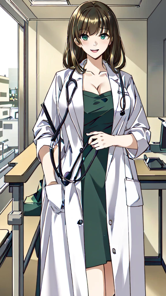 ((masterpiece, best quality, high quality)),1girl, (lower body, hospital), (doctor_uniform, labcoat, stethoscope, doctor),Large Breasts，cleavage，lipstick，Smile，lipstick，Green eyes