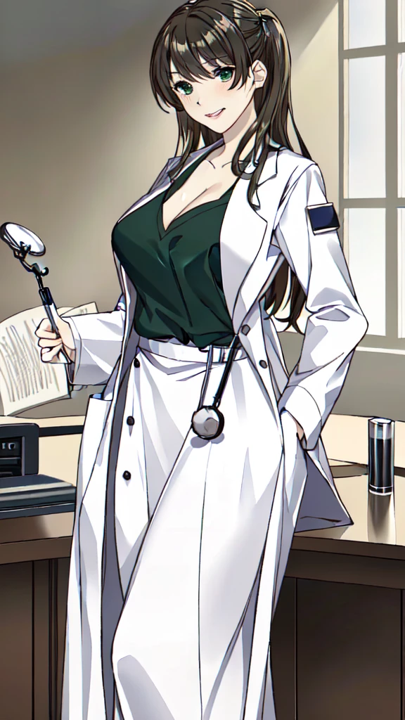 ((masterpiece, best quality, high quality)),1girl, (lower body, hospital), (doctor_uniform, labcoat, stethoscope, doctor),Large Breasts，cleavage，lipstick，Smile，lipstick，Green eyes