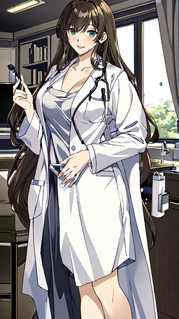 ((masterpiece, best quality, high quality)),1girl, (lower body, hospital), (doctor_uniform, labcoat, stethoscope, doctor),Large Breasts，cleavage，lipstick，Smile，lipstick，Green eyes