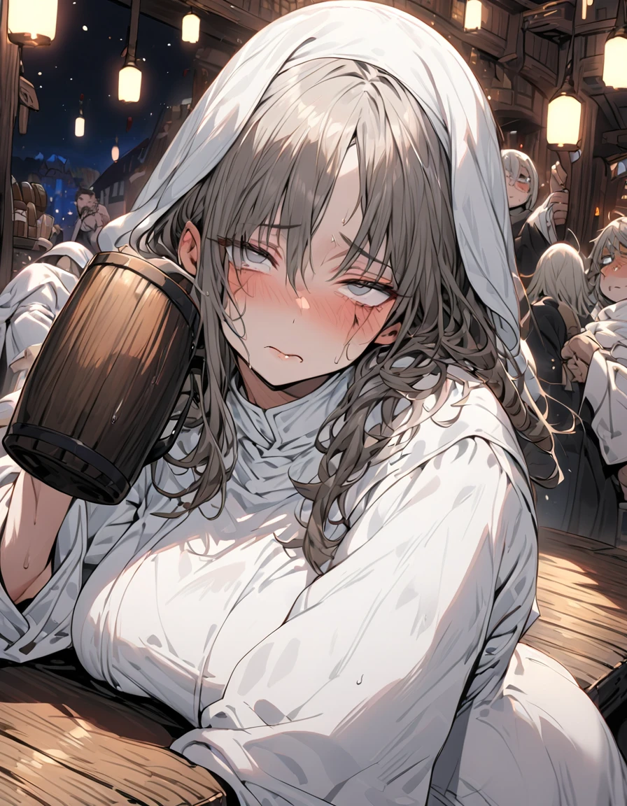 Adult Female, very short brown hair, grey eyes, scar on left cheek, drunk, white cleric robes, fantasy tavern, nighttime, mixed patrons, drinking from tankard, not looking, far away, apathetic, highly detailed, high quality, perfect anatomy, tired, messy hair, perfect eyes, defined eyes