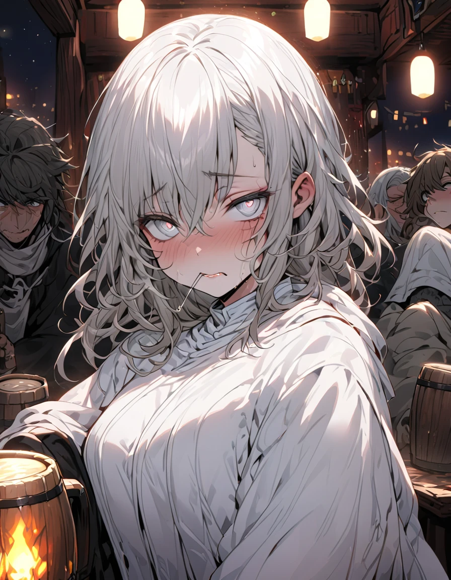 Adult Female, very short brown hair, grey eyes, scar on left cheek, drunk, white cleric robes, fantasy tavern, nighttime, mixed patrons, drinking from tankard, not looking, far away, apathetic, highly detailed, high quality, perfect anatomy, tired, messy hair, perfect eyes, defined eyes