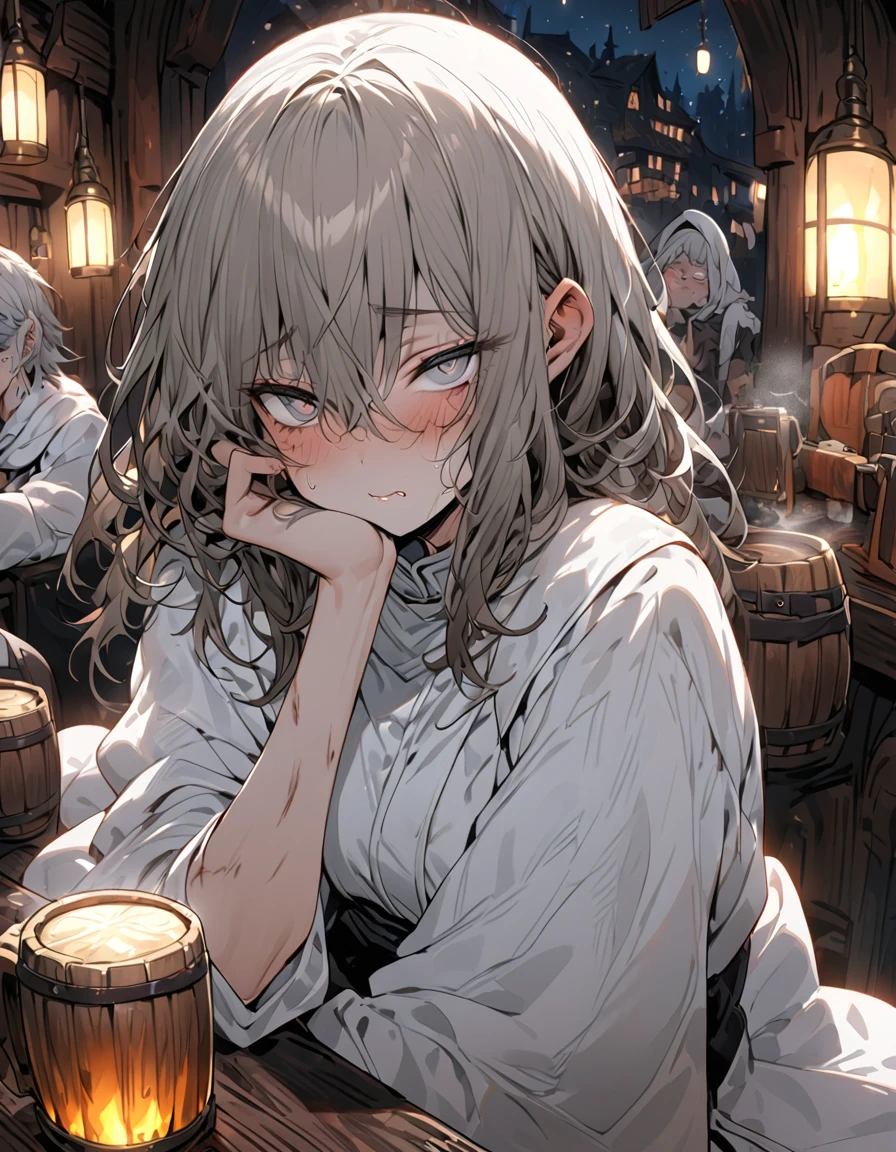 Adult Female, very short brown hair, grey eyes, scar on left cheek, drunk, white cleric robes, fantasy tavern, nighttime, mixed patrons, drinking from tankard, not looking, far away, apathetic, highly detailed, high quality, perfect anatomy, tired, messy hair, perfect eyes, defined eyes