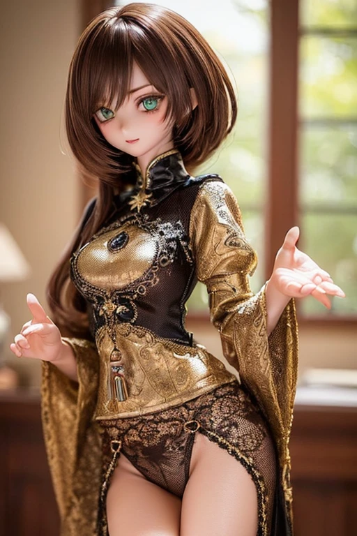 photorealistic, realistic photo, ((highest quality)), ((masterpiece)), (extremely detailed), kukolnydom, doll, (mature woman:1.6), solo, ((cowboy shot, dynamic pose, skinny, slender, slim, brown hair, light smile)), parted lips, detailed face, green eyes, (looking at another, gradient eyes, eyes out of focus, emotionless eyes, blank stare, empty eyes, detailed eyes:1.3), castle, 8k