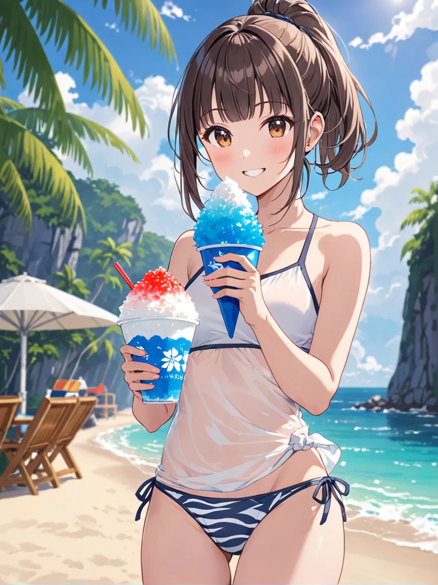 woman、Hair tied up、Straight Bangs、High resolution、Eat shaved ice、Daytime、smile、Swimsuit not see-through