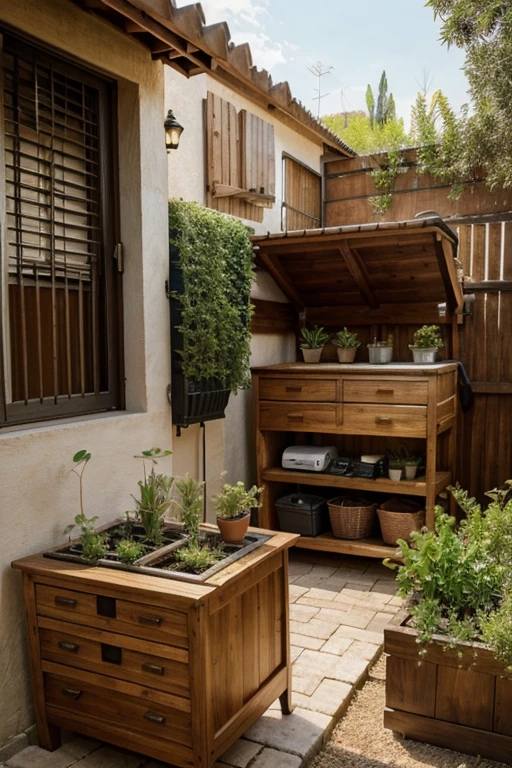 Do the same but with wood and ps one level on top of another, as if it were a chest of drawers but without the drawer part, and in every space, the compound, the little plants, irrigation system and above all, like a poster for cycling