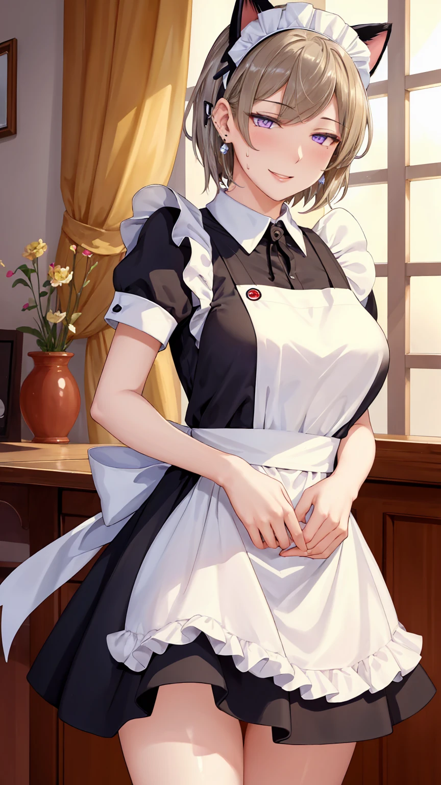 ((((masterpiece, Highest quality, High resolution)))), Extremely detailed 8K, Beautiful girl with a voluptuous body, (Ultra HD, Super detailed, Very detailed, Very realistic, Ultra-realistic, Photo Real), (One girl:1.5), (Realistic white hair), (Short Wavy Hair, hair ornaments, Earrings), (Dynamic pose), To the camera, View your viewers, (blush, Embarrassing, smile), (Purple eyes, Sharp eyes), (Firm breasts:1.2), (Beautifully detailed face, Beautiful attention to detail), ((Maid clothes, Maid Apron, Cat Ear Headband)), (detailed pussy), (stand up), Sweat, shine, (Sunbeam, sunlight), ((Cowboy Shot)), coffee shop, ((Highest quality、High resolution))、Portraiture、Perfect body、Beautiful and bountiful breasts、Sexually excited expression、((throw、maid shows pussy))、Love Juice、I'm inviting you to have sex
