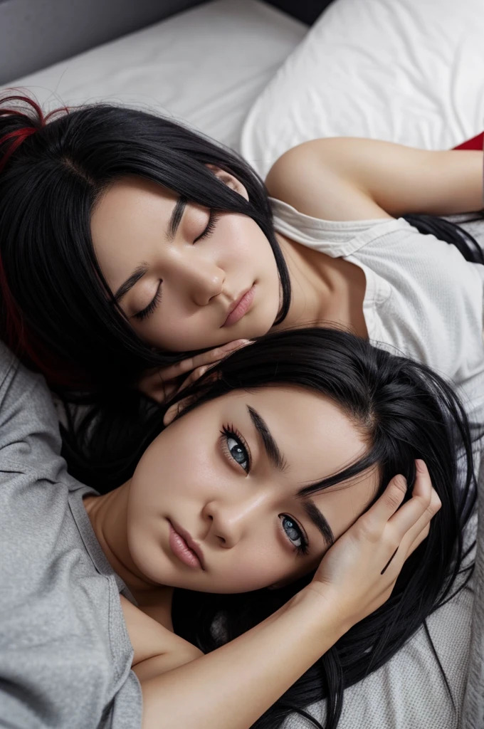 Boku no Hero version girl with hair a little above her shoulders, black hair and red tips, with red eyes showing sleep.