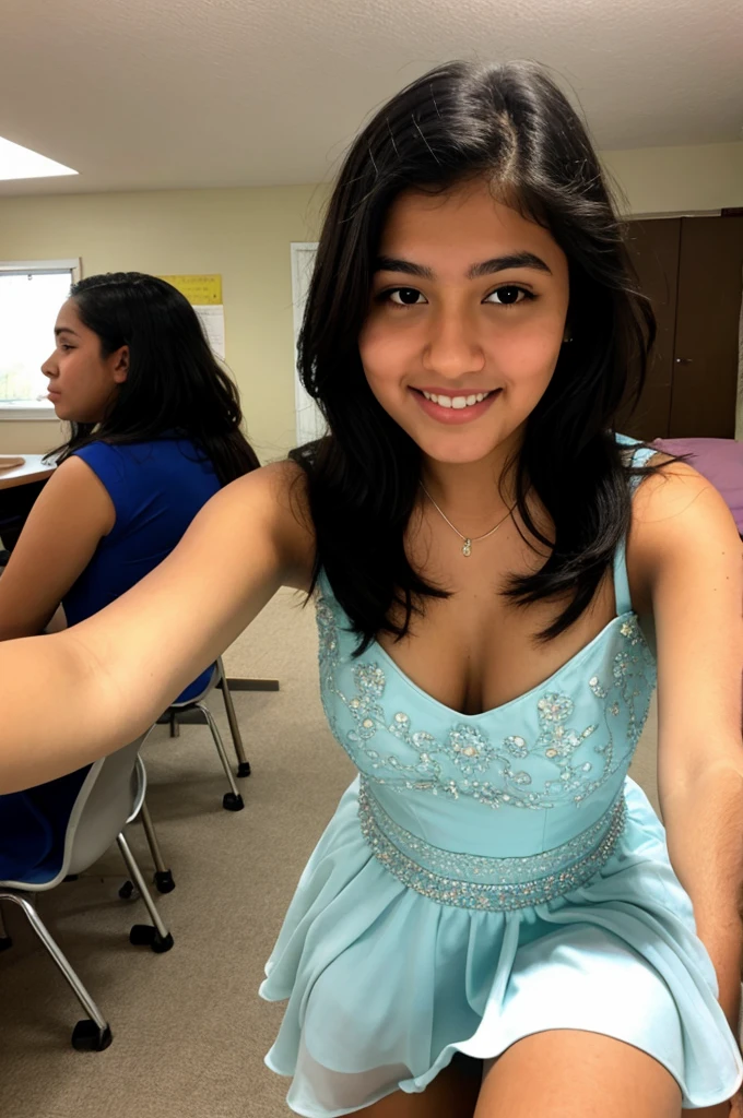 Latina high school student girl black hair selfie eith new dress