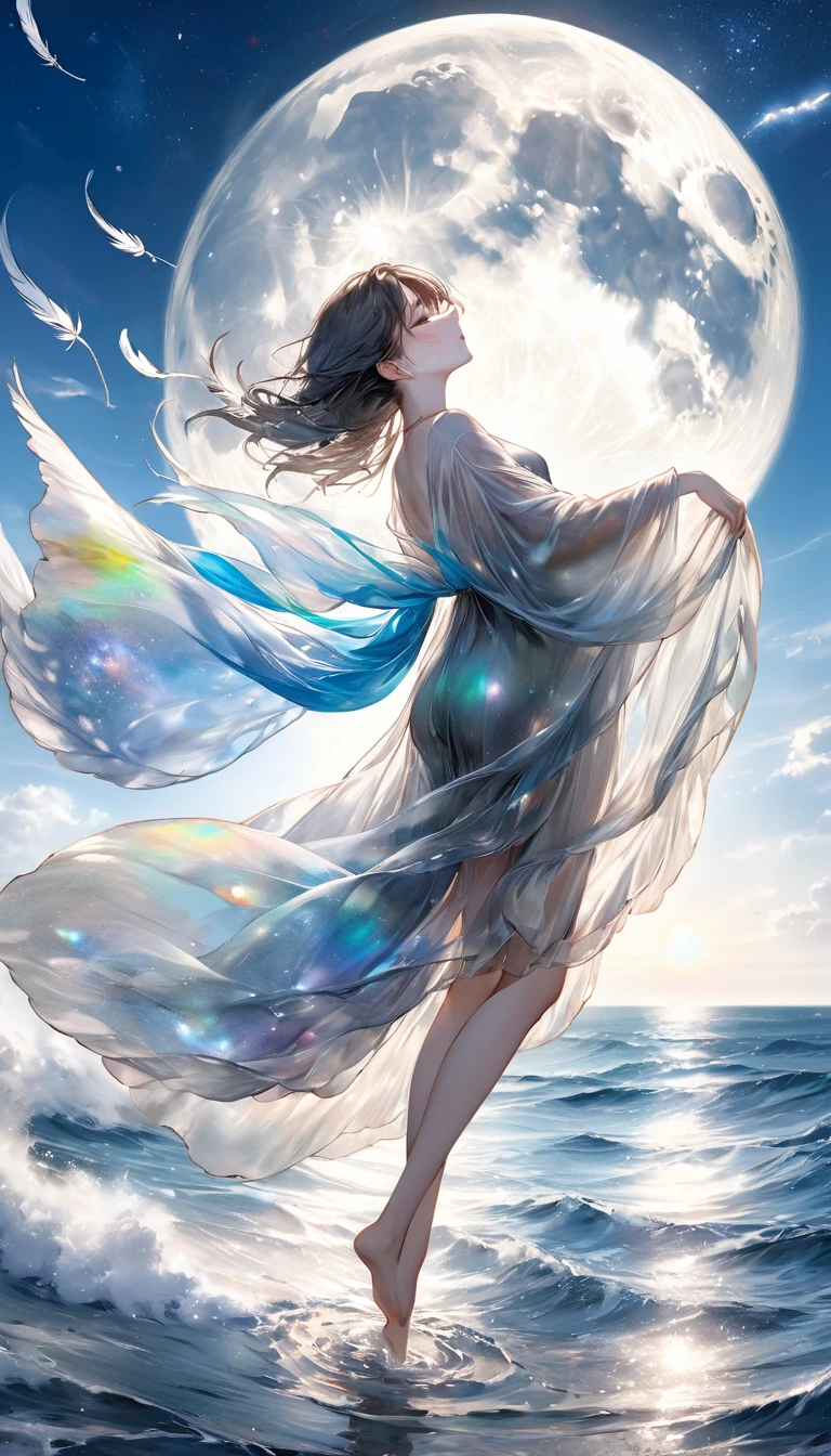 Highest quality, Super quality, 16K, masterpiece, RAW Photos, Realistic, Three-dimensional depiction of rippling oil paintings, A fusion of watercolor and oil painting, Monochrome and color combination, Ocean and galaxy universe in the daytime big full moon, the transparent translucent iridescent feather robe of heavenly maiden perched in the air and fluttering in the Wind, Wind, Wind-effects, Excellent image effect, A wonderful work of art、Tears
