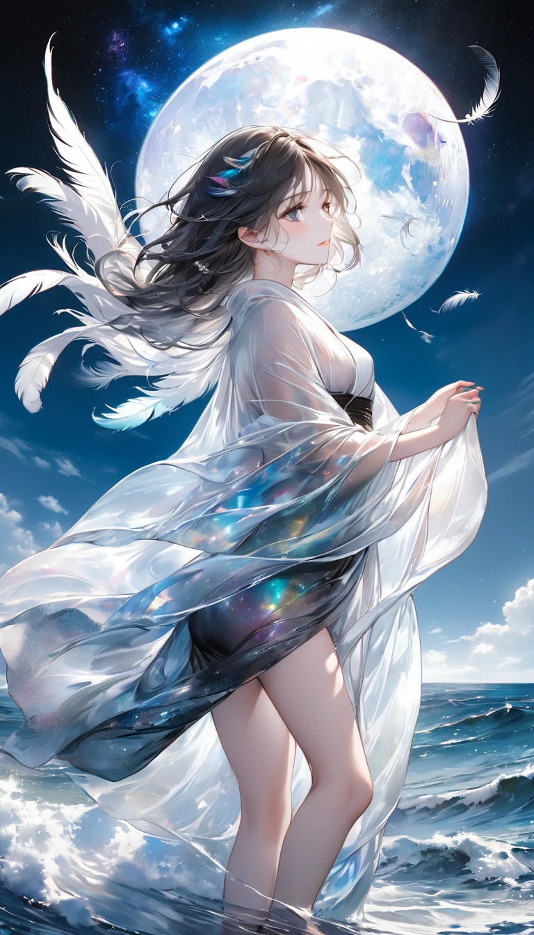 Highest quality, Super quality, 16K, masterpiece, RAW Photos, Realistic, Three-dimensional depiction of rippling oil paintings, A fusion of watercolor and oil painting, Monochrome and color combination, Ocean and galaxy universe in the daytime big full moon, the transparent translucent iridescent feather robe of heavenly maiden perched in the air and fluttering in the Wind, Wind, Wind-effects, Excellent image effect, A wonderful work of art、Tears