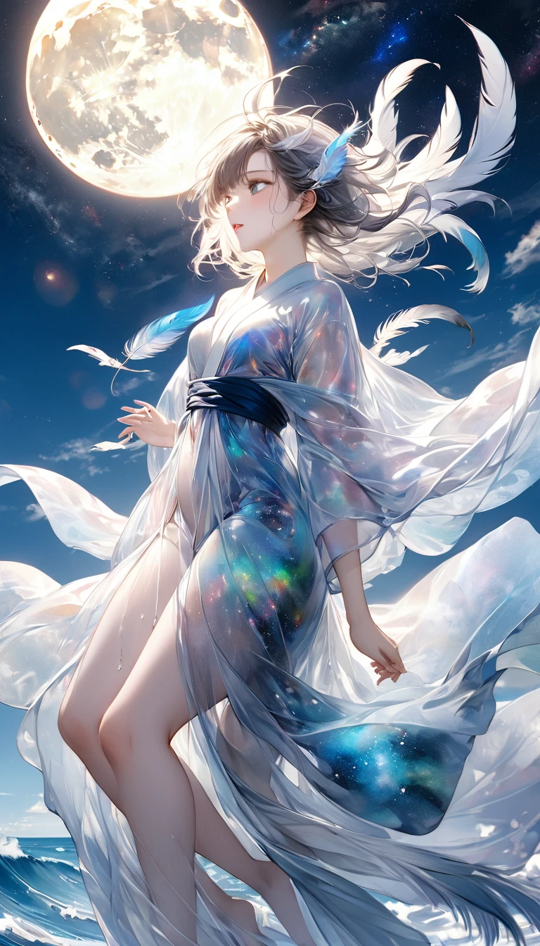 Highest quality, Super quality, 16K, masterpiece, RAW Photos, Realistic, Three-dimensional depiction of rippling oil paintings, A fusion of watercolor and oil painting, Monochrome and color combination, Ocean and galaxy universe in the daytime big full moon, the transparent translucent iridescent feather robe of heavenly maiden perched in the air and fluttering in the Wind, Wind, Wind-effects, Excellent image effect, A wonderful work of art、Tears