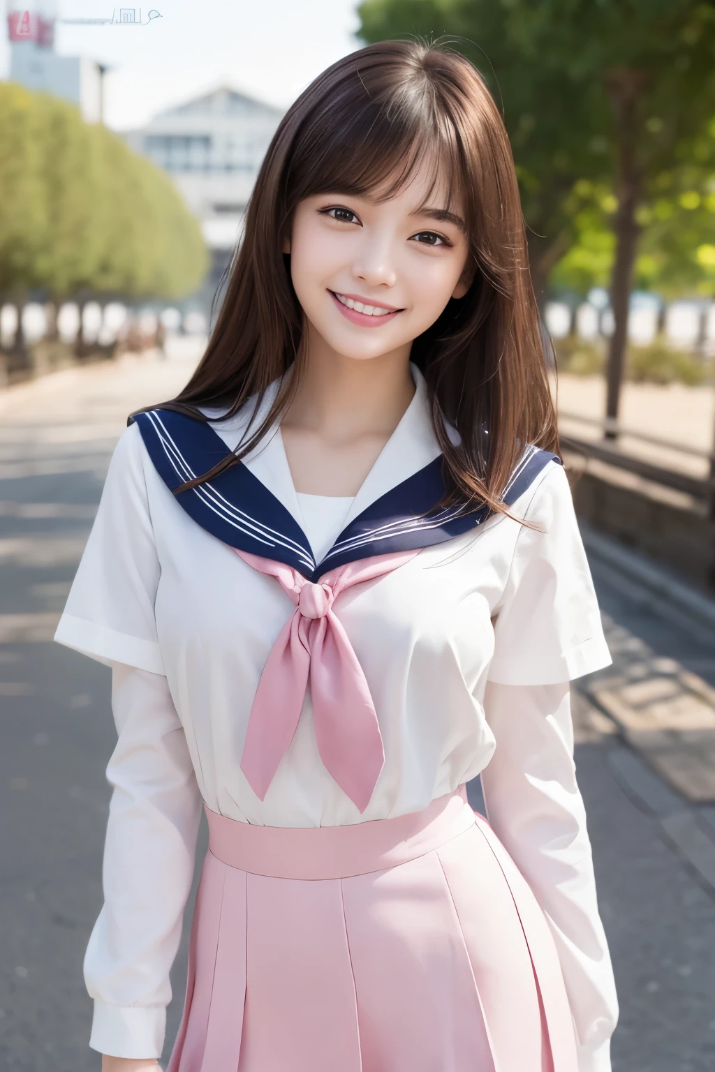 (8K、RAW Photos、Highest quality、masterpiece:1.2)、(Realistic、Photorealistic:1.37)、(Full body portrait:1.4),Very detailed、Ultra-high resolution、1 Girl、Seeing the viewer、Beautiful and elaborate face、Laughter、narrow、(Slim waist) :1.3)、Fine and beautiful skin、Skin Texture、Floating Hair、Professional Lighting、sexy、Long Hair、blonde、Japanese high school students 、Sailor suit、、Bob Hair、E Cup、smile、18-year-old、Red ribbon、、Young Smile、Moisturizing lips、Pale pink lips、Japan Park