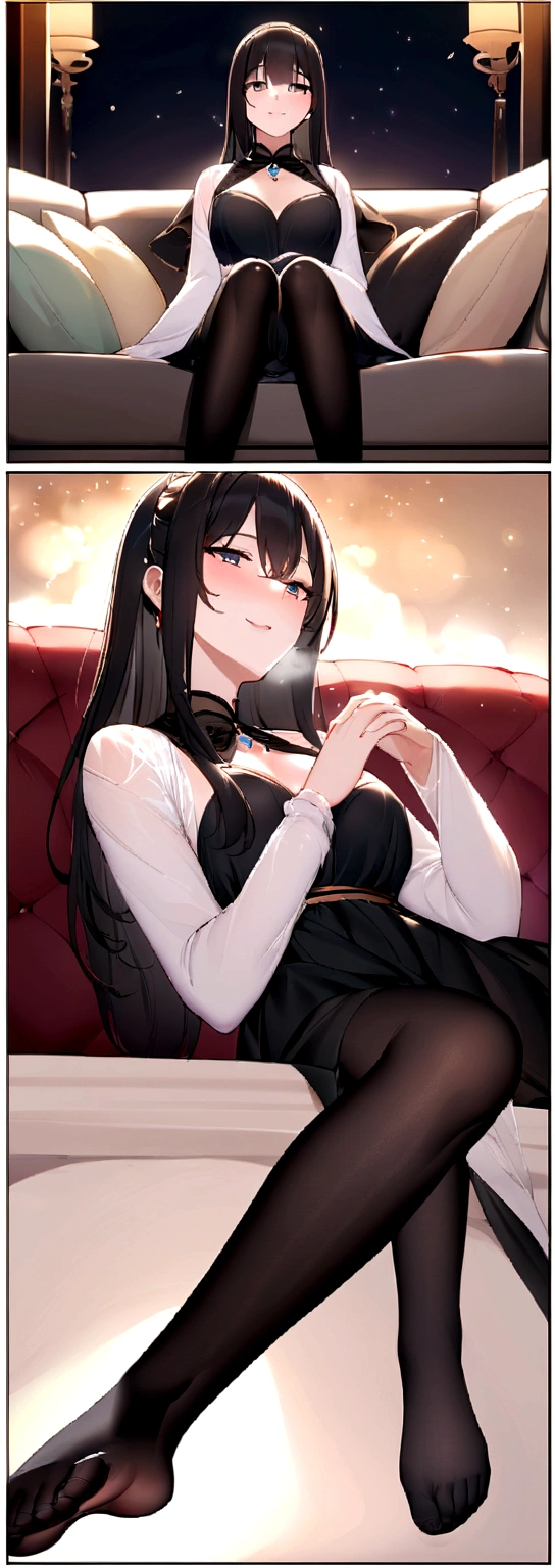 woman sitting quietly on the sofa,Look at ease。Her hands gently hold the top of the black stockings,Then slowly roll it down。As the stockings slip off,Her beautiful feet gradually revealed,Like a fine work of art。 When she took off her black stockings completely,A warm breath wafted from her feet。The heat was hazy and blurry,Like a silent melody,Inspiring。The beautiful woman's toes are white and slender,It is more charming in the mist。 She swung her feet gently,As if enjoying this rare relief。Her feet are graceful and slender,A faint blush is revealed under the black stockings,Intoxicating。 Sudden,A warm current flowed from the soles of her feet,The air around seems to be warmed up。The heat made her feet look even more charming.,Like a magical force,Irresistible。 A satisfied smile appeared on the beautiful woman's face,As if feeling relieved that he had just taken off。She swung her feet gently,As if enjoying this and relaxation。And her feet,The moment the black fades away,Like a spirit freed from its shackles,Exudes a breathtaking charm。