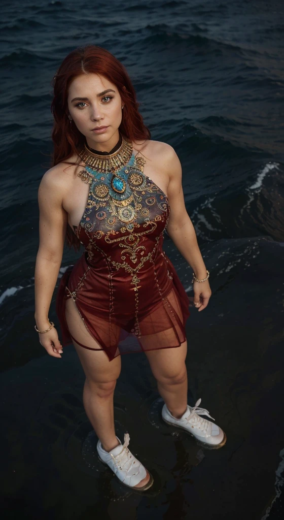 ( High quality , ultra detailed to hand ) ( careful hand ) Zodiac sign- Aries goddess , similar to latin goodness , Brave ,willful ,productive ,enterprising and humanitarian face . Moody, impulsive, impatient, assertive style . sunset reddish hair , transparent dress , in the ocean with sun , whole body , crystal fire eyes ( eye detailed ) . strong powerful make up look . Fire goddess .