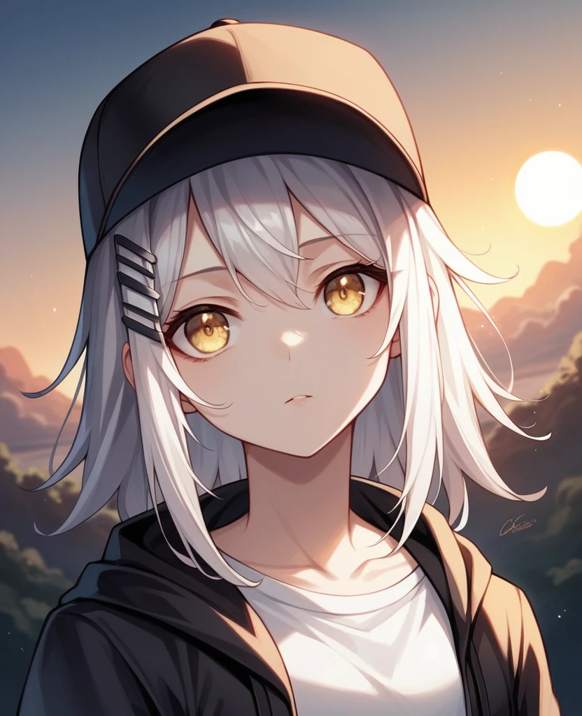 Medium Shot, Medium Shot, Depth of written boundary, bust, Upper Body, Movie angle, masterpiece, Highest quality, Very detailed, CG, 8k wallpaper, Pretty face, Delicate eyes, country々, alone, Long white hair, Yellow Eyes, hairpin, White shirt, black hooded jacket, Black baseball cap, Black Stockings, Black knee-high boots, sunset, 中世のport, port, Detailed water surface, Sun reflection