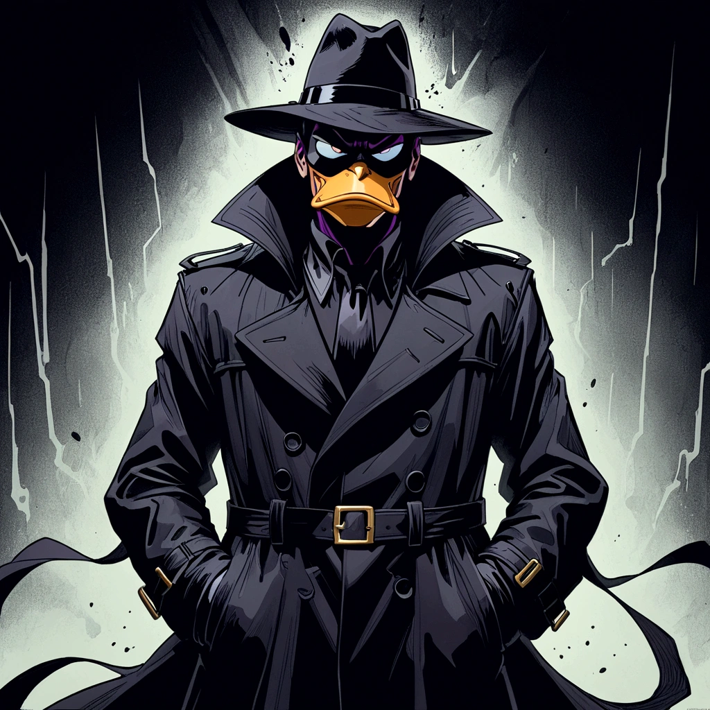 splash page, cinematic, darkwing duck wearing black trenchcoat, abyss black void coat, shades of darkness, no light source, hand drawn, animated, rotoscope, consuming insatiable darkness black trenchcoat
