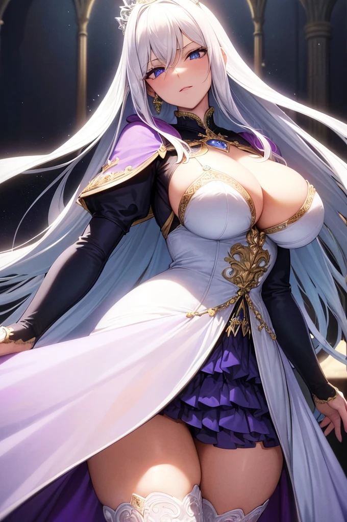 milf, 30 years old, (highres, masterpiece:1.2), white hair, robe, purple robe, (large breasts), thick thighs, standing, pelvic curtain, tiara, thighhighs, v-neck, strapless dress, blue eyes, expressionless, long hair, (layered dress, elaborate clothing, detailed clothing, detailed dress), castle in background, cape, smile