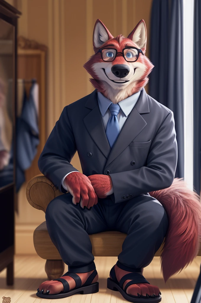 Ivan Fedorovich Wolfbach (Novosibirsk) ,tall handsome, wolf,young, 24 years, brown fur,Kind,(red body:1.3),beautiful blue eyes,Novosibirsk,dressed, black, Judge's Mantle, glasses shirt, tie, trousers,sandals , wolf, detailed fur, male,paw pads, finger claws,At the viewer, 5 fingers, paws, 5 fingers, smile, wrist watch, т nextel,by xenoforge, (difficult, high detail, digital photography, soft focus, RAW variety вкдущий передачи,Very close to the camera, variety,Novosibirsk, smile, good mood, positive, Very close to the camera, is sitting, presenter of the fashion show,
Photorealism, realistic, digital style, Subsurface scattering,I look at the viewer,worth getting a haircut, looks at the mirror, men's cosmetics,
masterpiece, Best quality, ultra realistic, 8 thousand.)