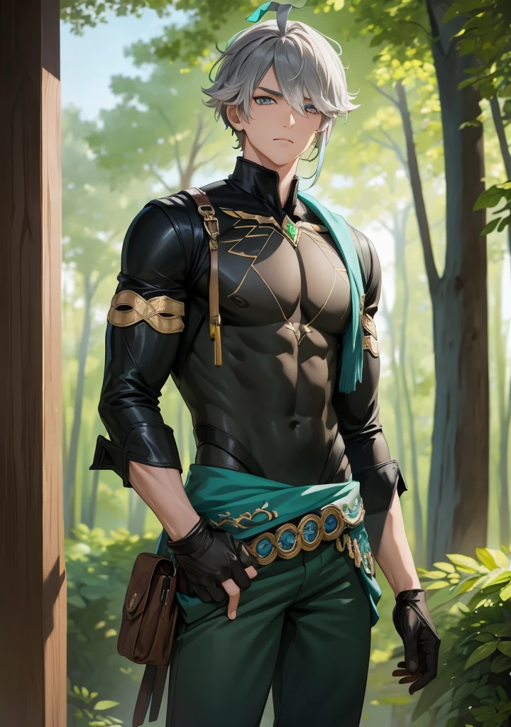 1 child,Alone,male focus,cowboy photo,alhaitham,Grey hair,short hair,Ahoge,green eyes,hair over one eye,shirt,shirt negra,gloves,shirt sin mangas,pants,standing, Pectorals,toned man,looking at the viewer , forest,