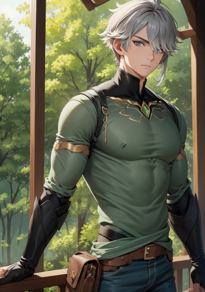 1 child,Alone,male focus,cowboy photo,alhaitham,Grey hair,short hair,Ahoge,green eyes,hair over one eye,shirt,shirt negra,gloves,shirt sin mangas,pants,standing, Pectorals,toned man,looking at the viewer , forest,