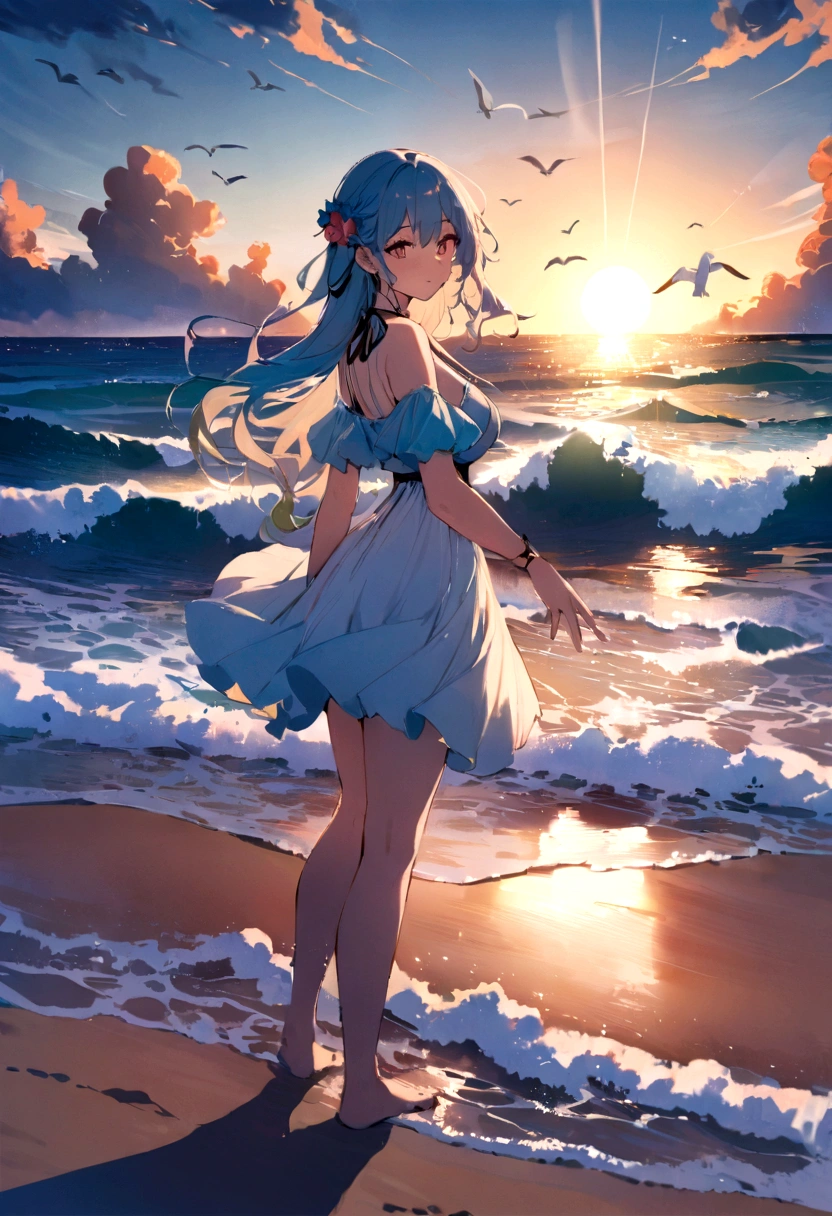 Oceanでの休暇, Ocean, Beach, Seagull, sun, Wave, masterpiece