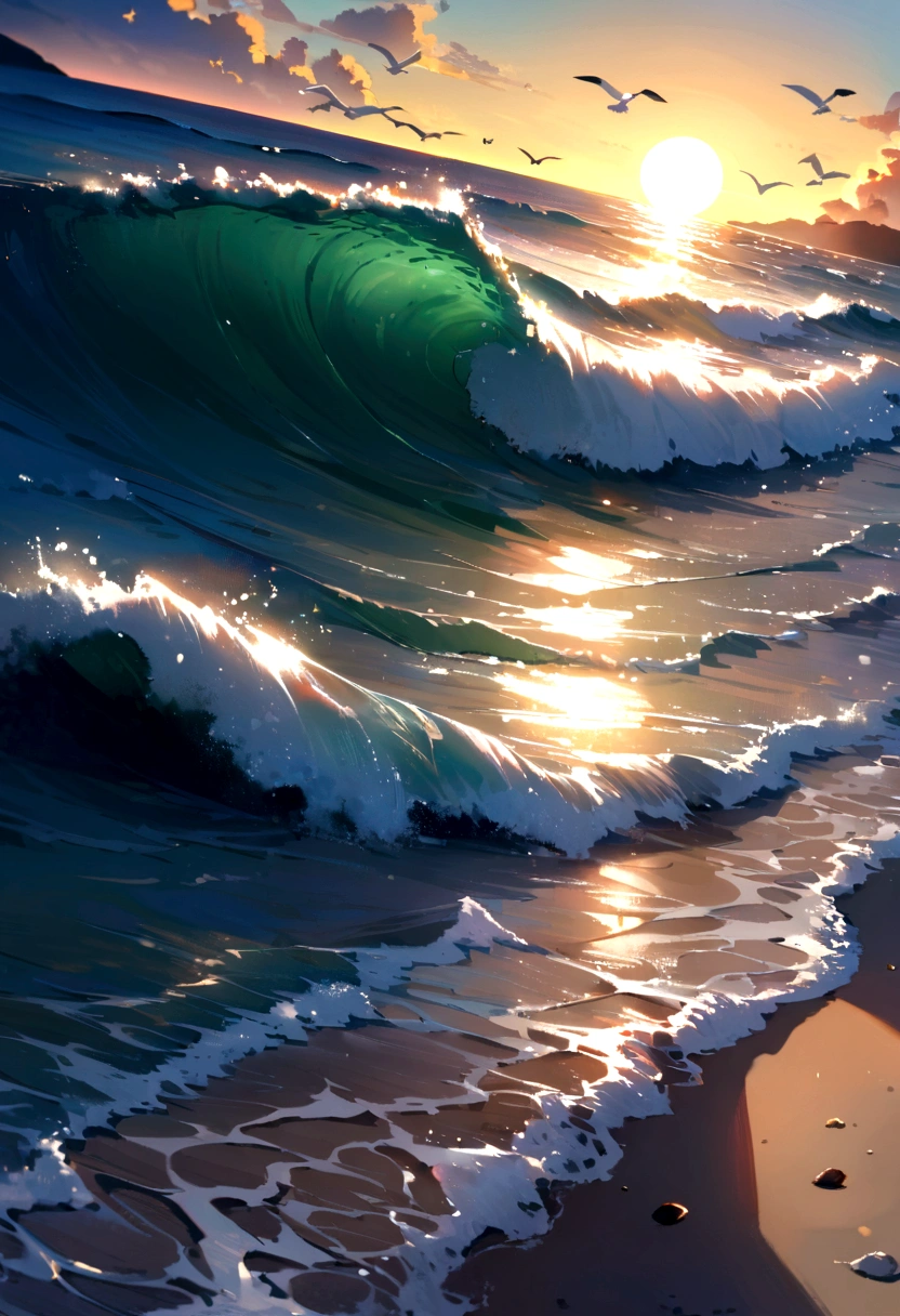 Oceanでの休暇, Ocean, Beach, Seagull, sun, Wave, masterpiece