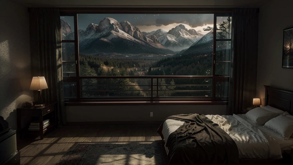 arafed bedroom with a fireplace and a view of the mountains, large windows to forest at night, dream like atmosphere 8k, dark bedroom, 8 k landscape render, dimly lit bedroom, dreamy atmosphere and drama, inspired by Gregory Crewdson, moody cinematic atmosphere, rendered in unreal engine 4k hq, rendered in unreal engine 4 k hq