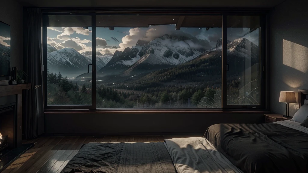 arafed bedroom with a fireplace and a view of the mountains, large windows to forest at night, dream like atmosphere 8k, dark bedroom, 8 k landscape render, dimly lit bedroom, dreamy atmosphere and drama, inspired by Gregory Crewdson, moody cinematic atmosphere, rendered in unreal engine 4k hq, rendered in unreal engine 4 k hq
