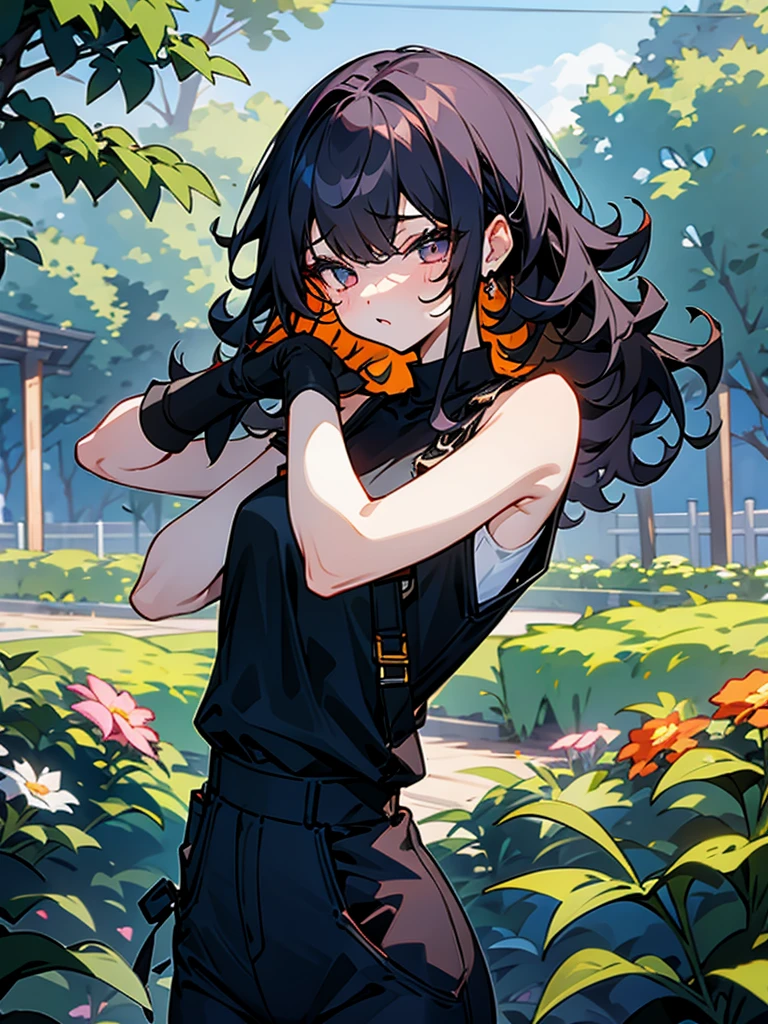 Slender beautiful girl、10th Generation、athlete、sleeveless Black T-shirt、Overalls、Off the shoulder、Gloves in hand、Curly Hair、Garden、Short stature、白いノースリーブのジップアップパーカー、ネックレス、笑う