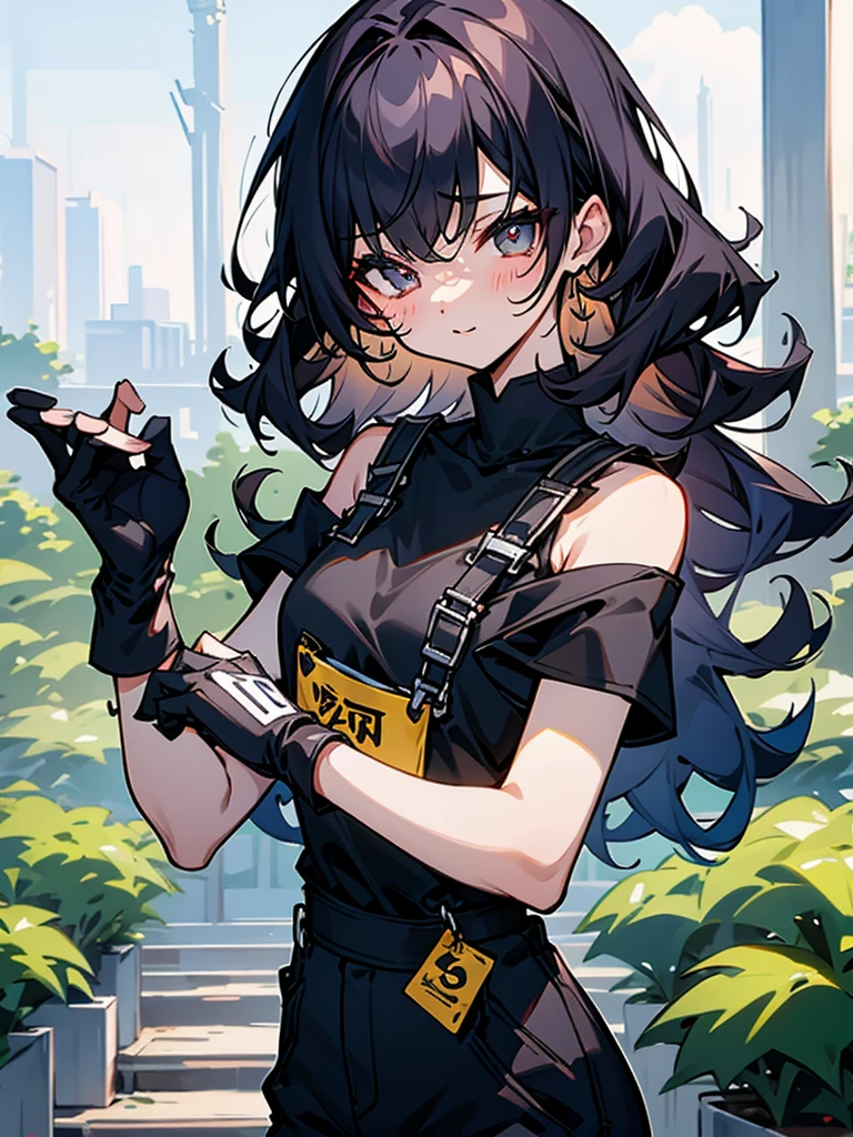 Slender beautiful girl、10th Generation、athlete、sleeveless Black T-shirt、Overalls、Off the shoulder、Gloves in hand、Curly Hair、Garden、Short stature、白いノースリーブのジップアップパーカー、ネックレス、笑う