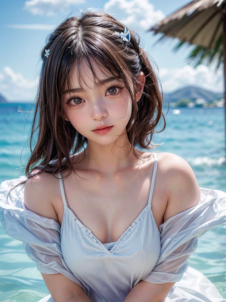 One Girl,(1人のとてもcute女の子:1.3),masterpiece,Highest quality,High resolution,Photorealistic,RAW Photos,Ray Tracing,beautiful girl,(15 years old:1.3),cute,Big eyes,(detailed pupils:1.2),(The face is facing straight ahead:1.3),Body facing forward,Beautiful nose,Fuller lips,Short black hair,ponytail,short hair,Detailed eyelashes,Thin eyebrows,Very fine grain definition,(Symmetrical eyes:1.3),(Face close-up,Face Focus:1.0),Small breasts,Short neck,White swimsuit,White Bikini,The background is the sea,Southern Island,Blue sky,White cloud,Portrait,View Viewer,Upper Body,Cinema Lighting,High resolution,Very detailed