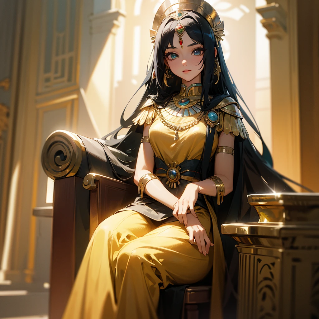 1girl, extremely detailed eyes and face, beautiful detailed eyes, beautiful detailed lips, longeyeLashes, elegant, graceful, regal, charming, dreamy, fantasy, official character art, concept art, anime goddess, beautiful cleopatra, anime waifu, egyptian clothes, gold jewelry, black gown, castle, vivid colors, studio lighting, professional, best quality, 4k, 8k, highres, masterpiece:1.2, ultra-detailed, realistic, photorealistic, photo-realistic:1.37 um close de um trono em uma sala com uma luz brilhando sobre ele, trono de ouro, o trono brilhante, sentado em um trono dourado, deitado em um trono em uma terra de fantasia, trono de ouro, sitting on a trono de ouro, sitting on trono de ouro, arte conceitual de jogos de motim, em uma sala do trono, trono quebrado, sala do trono primorosamente projetada, arte conceitual de liga das lendas