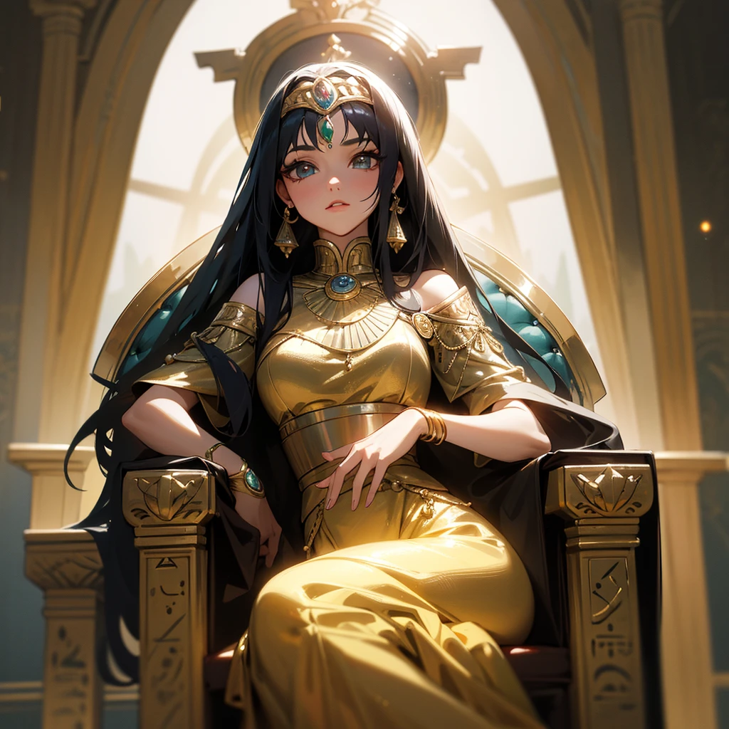 1girl, extremely detailed eyes and face, beautiful detailed eyes, beautiful detailed lips, longeyeLashes, elegant, graceful, regal, charming, dreamy, fantasy, official character art, concept art, anime goddess, beautiful cleopatra, anime waifu, egyptian clothes, gold jewelry, black gown, castle, vivid colors, studio lighting, professional, best quality, 4k, 8k, highres, masterpiece:1.2, ultra-detailed, realistic, photorealistic, photo-realistic:1.37 um close de um trono em uma sala com uma luz brilhando sobre ele, trono de ouro, o trono brilhante, sentado em um trono dourado, deitado em um trono em uma terra de fantasia, trono de ouro, sitting on a trono de ouro, sitting on trono de ouro, arte conceitual de jogos de motim, em uma sala do trono, trono quebrado, sala do trono primorosamente projetada, arte conceitual de liga das lendas