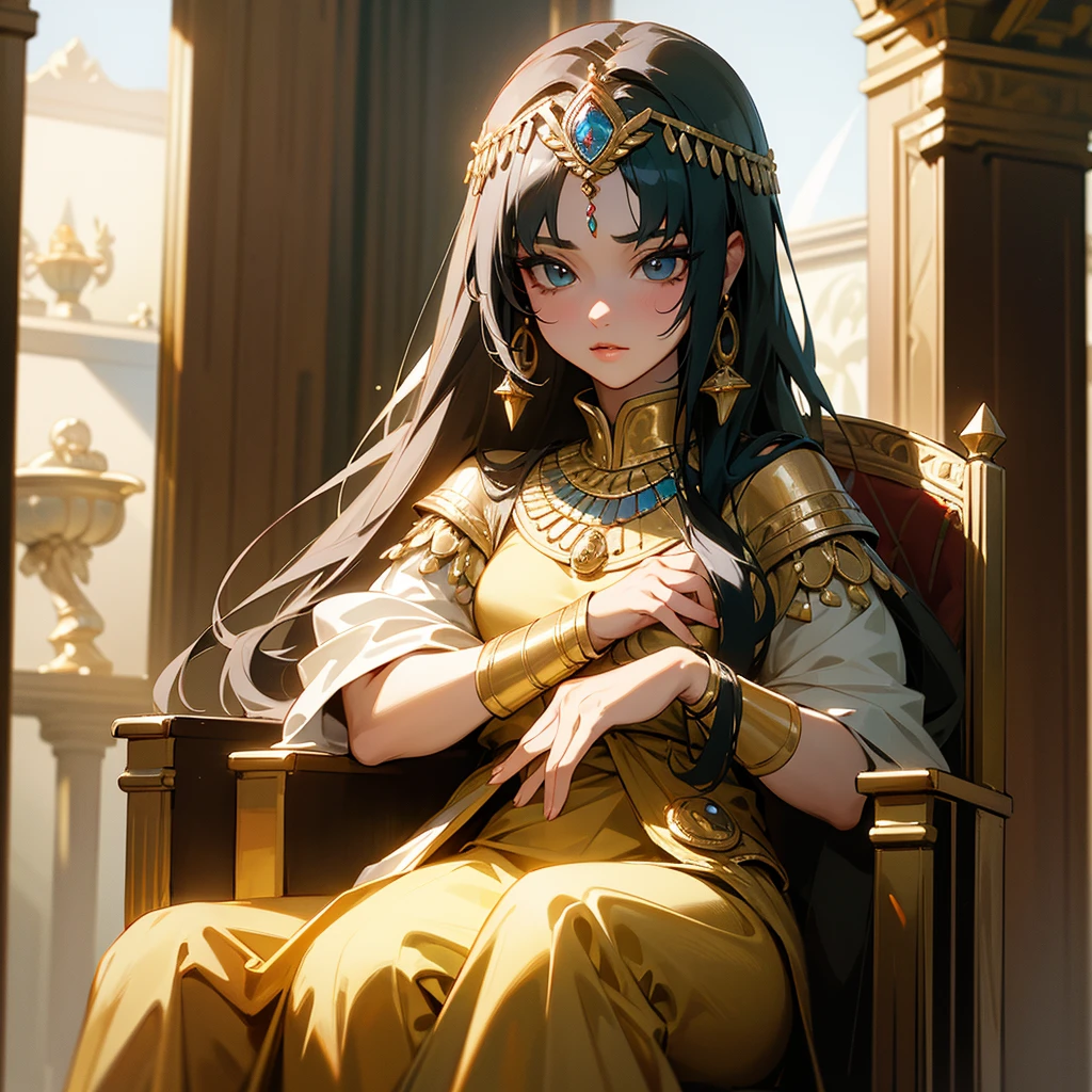 1girl, extremely detailed eyes and face, beautiful detailed eyes, beautiful detailed lips, longeyeLashes, elegant, graceful, regal, charming, dreamy, fantasy, official character art, concept art, anime goddess, beautiful cleopatra, anime waifu, egyptian clothes, gold jewelry, black gown, castle, vivid colors, studio lighting, professional, best quality, 4k, 8k, highres, masterpiece:1.2, ultra-detailed, realistic, photorealistic, photo-realistic:1.37 um close de um trono em uma sala com uma luz brilhando sobre ele, trono de ouro, o trono brilhante, sentado em um trono dourado, deitado em um trono em uma terra de fantasia, trono de ouro, sitting on a trono de ouro, sitting on trono de ouro, arte conceitual de jogos de motim, em uma sala do trono, trono quebrado, sala do trono primorosamente projetada, arte conceitual de liga das lendas