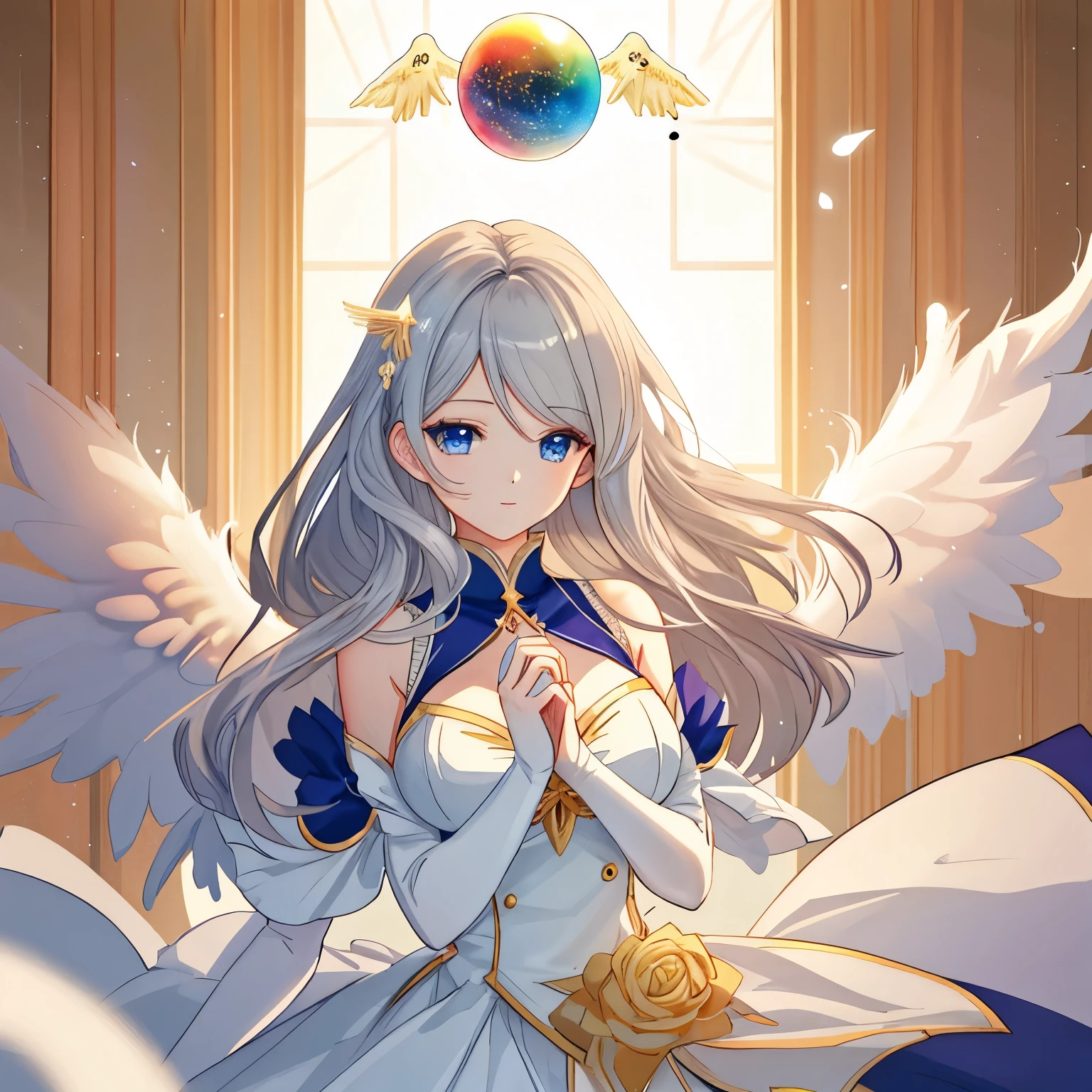 **Logo Design**: The '32' motif, symbolizing an angel number, is intricately integrated into the design, showcased with a 1:2 aspect ratio.BREAK
**Improvement**: masterpiece, best quality, ultra-detailed, super high resolution, Top Quality photorealistic Illustration, Super Definition, cute illustration:1.3, high Saturation:1.2, detailed beautiful face and eyes, an extremely delicate and beautiful, nice hands, perfect hands, appropriate posture, appropriate configuration, ideal ratio body proportions **BREAK**
**Theme**: Anime Goddess, Enchanting Anime Girl **BREAK**
**Number of Characters**: 1 person (ultra-ultimate beautiful) **BREAK**
**Wings, Horns, Tail**: Angel Wings (bright white feathers, elegant form) **BREAK**
**Accessories**: Mystical Orb emitting light **BREAK**
**Facial Details**: Woman with long gray hair and deep blue eyes **BREAK**
**Details of Movement**: ((( Floating in the air, holding a mystical orb ))) **BREAK**
**Emotion**: ((( Calm, with an expression that conveys kindness and wisdom ))) **BREAK**
**Perspective**: Viewed from the front, looking up **BREAK**
**Composition**: Symmetric and balanced **BREAK**
**Background Details**: Space filled with light, ether-like clouds **BREAK**
**Costume Details**: Elegant dress based on white and gold **BREAK**
**Body Type**: Slim, with an emphasized cleavage **BREAK**
**Hair Style and Color**: Long gray hair **BREAK**
**Light and Shadow**: Soft light illuminating the goddess, shadows drawn gracefully **BREAK**
**Illustration Size**: 768x768 **BREAK**
**Illustration Atmosphere**: Anime style **BREAK**
**Other**: ((( The number '32', symbolizing angel number, is prominently featured within the design, with an aspect ratio of 1:2 ))) **BREAK**
**Worldview**: Fusion of Anime and Manga **BREAK**
**Style**: Anime Goddess, Enchanting Anime Girl, Beautiful and Attractive Anime Woman, Fine Detail. Top-rated on Pixiv, from Girls' Frontline, Key Art Feminine by Kushaalt Krents, Azur Lane style, Anime Barbie with wh