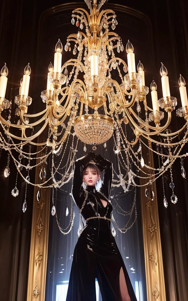 Techno Chandelier Fashion: Luxurious outfits that incorporate the aesthetics of chandeliers。Shiny crystal and glass parts、Decoration that sways with your movements。Featuring a brilliant design。The background is the gorgeous runway of Paris Fashion Week。 
