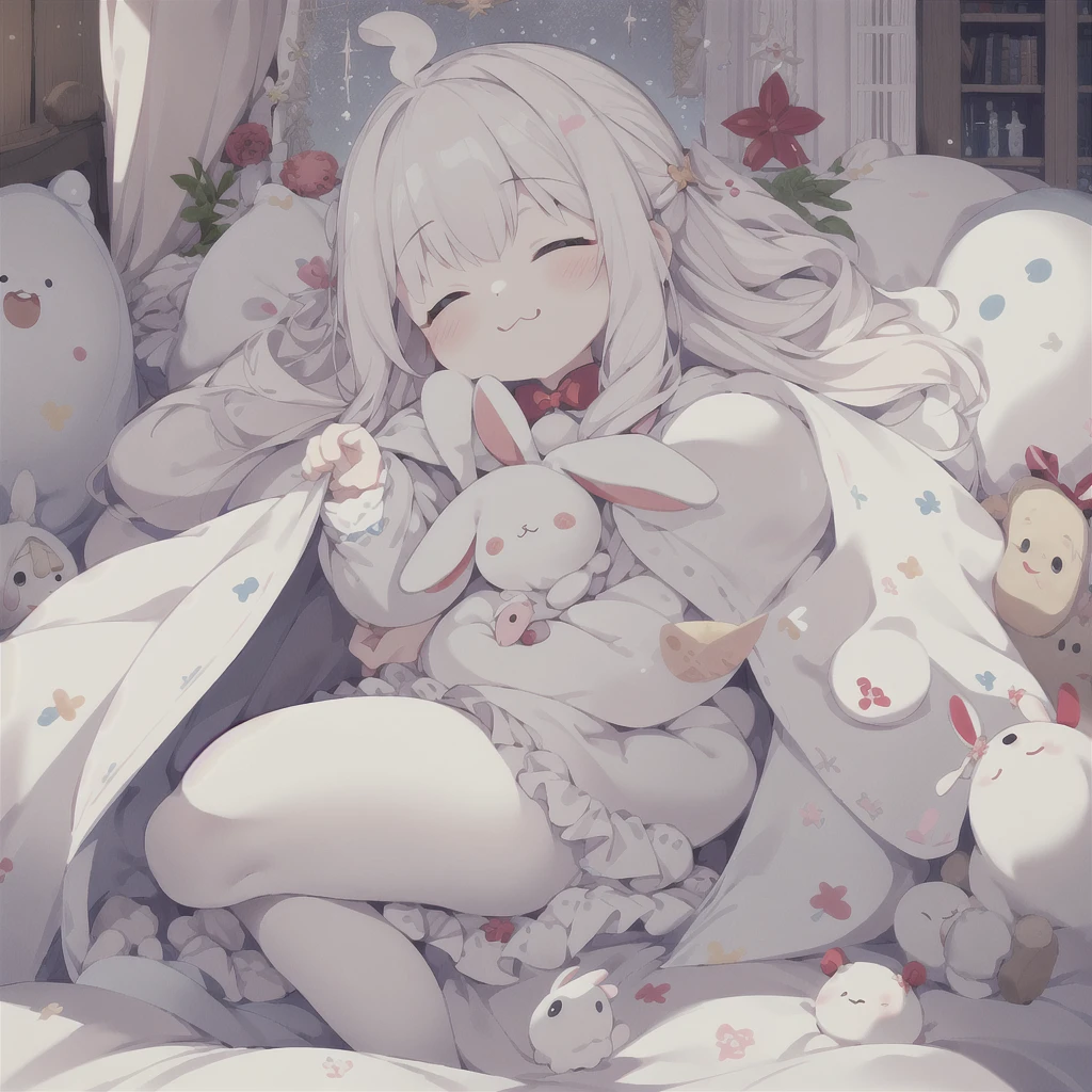 One girl, Little stuffed rabbit, costume, albino, close your eyes, :3, Sleeping Peace, Marshmallow bed