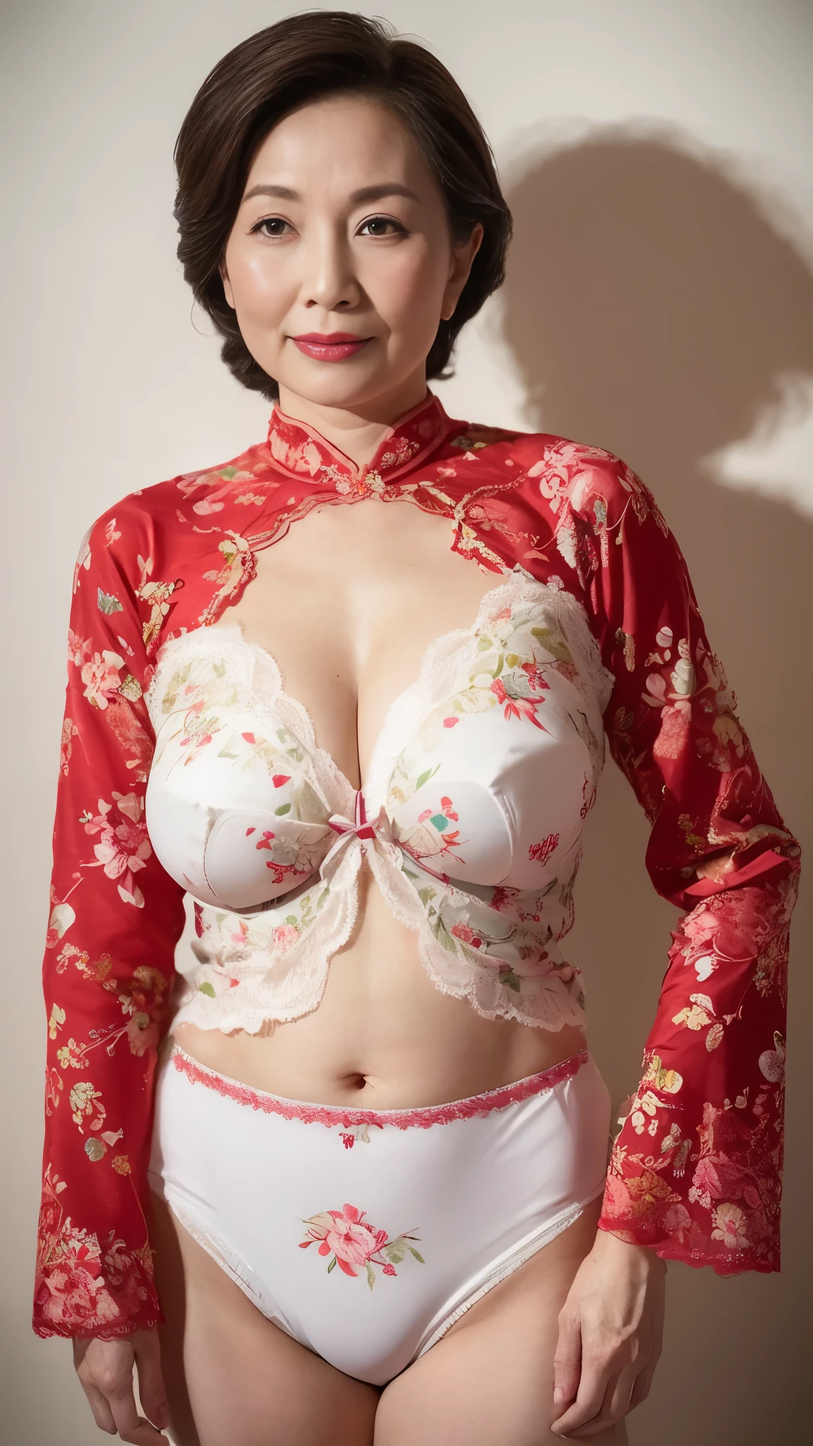 Chinoiserie, gravure, senior citizen, In underwear, Draw lips correctly, Red lipstick, From the chest up, 16K, Highest quality, Super detailed, Realistic, Highly detailed skin, Perfect Anatomy, (1 Vietnamese Mature), (alone), 100 years old, Large Breasts, Mature female politician, Glamour, Sexy, Chromo White Skin, View your viewers,