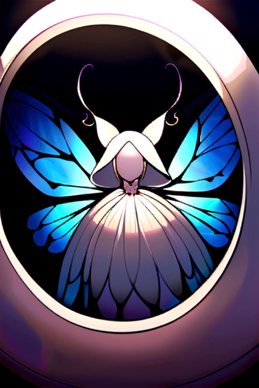 Woman with butterfly wings  , in a dress that looks like a cocoon 