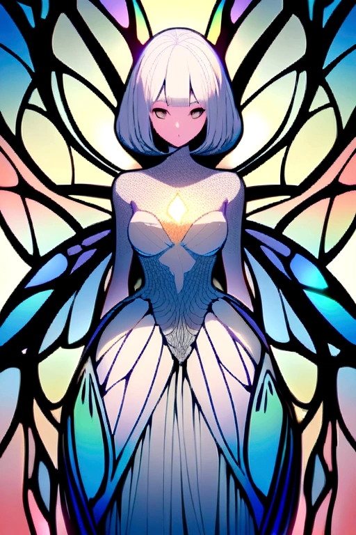 Woman with butterfly wings , in a dress that looks like a cocoon