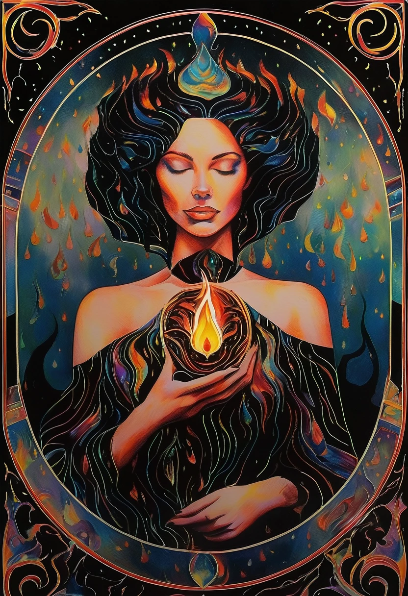visual art painting of a woman face and shoulders inside a drop of fire, transparent, made of fire, black light, bioluminescent, fluorescent