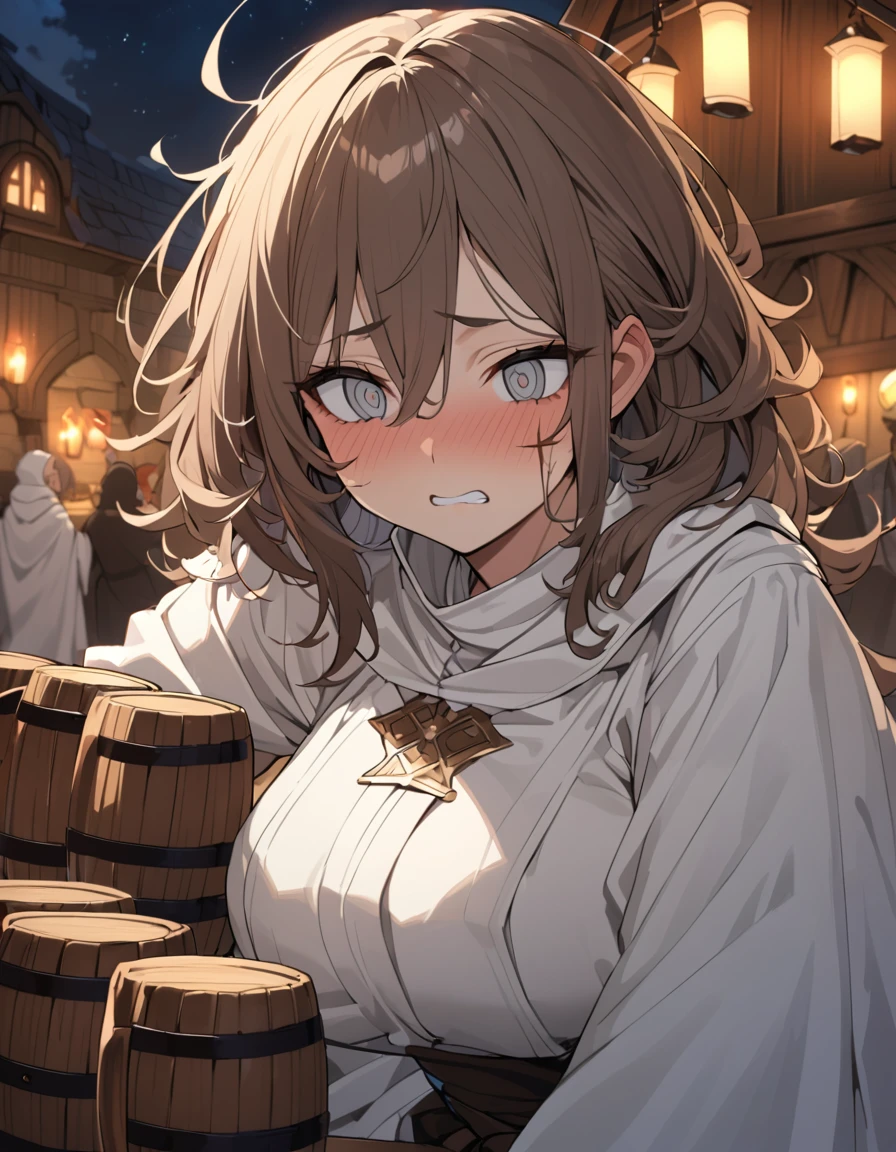 Adult Female, very short brown hair, grey eyes, scar on left cheek, drunk, white cleric robes, fantasy tavern, nighttime, mixed patrons, drinking from tankard, not looking, far away, apathetic, highly detailed, high quality, perfect anatomy, tired, messy hair, perfect eyes, defined eyes