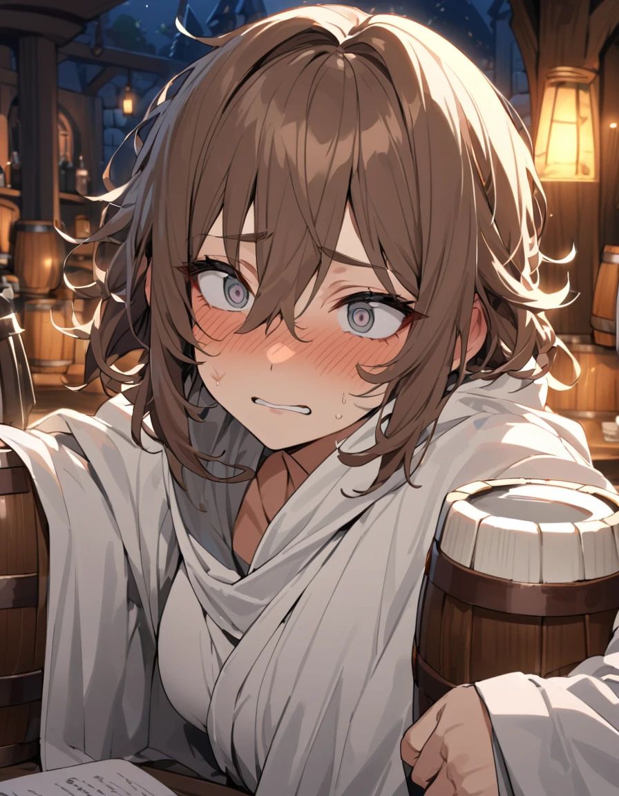 Adult Female, very short brown hair, grey eyes, scar on left cheek, drunk, white cleric robes, fantasy tavern, nighttime, mixed patrons, drinking from tankard, not looking, far away, apathetic, highly detailed, high quality, perfect anatomy, tired, messy hair, perfect eyes, defined eyes