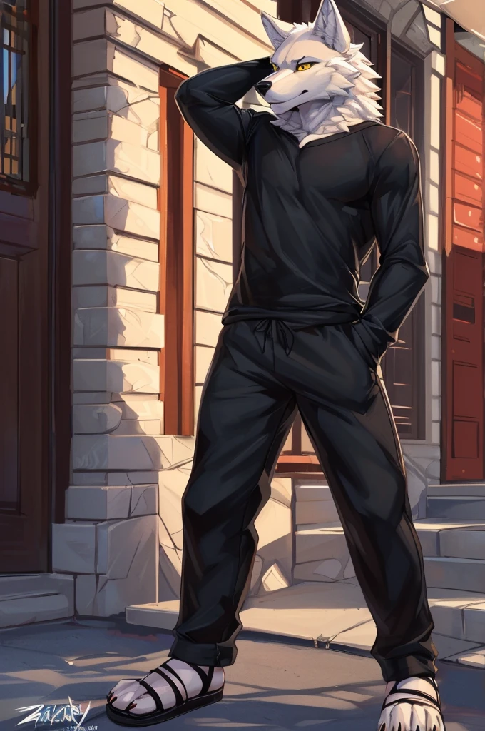 (((detailed anatomy, Detailed eyes Detailed body Detailed face, Best quality, A high resolution))), (1 girl, wolf, skinny muscles, adult, white furs, yellow eyes), black long sleeve T-shirt, black trousers ,white heeled sandals, in the village, от zackary911, big