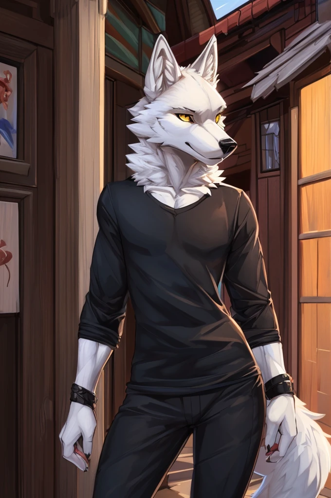 (((detailed anatomy, Detailed eyes Detailed body Detailed face, Best quality, A high resolution))), (1 girl, wolf, skinny muscles, adult, white furs, yellow eyes), black long sleeve T-shirt, black trousers ,white heeled sandals, in the village, от zackary911, big 