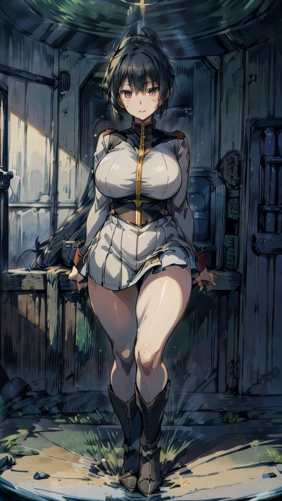 1 girl、Beautiful female officer of the Earth Federation Army、short black hair,Idol-level cuteness、Accurately draw faces、plump figure,Huge Breasts、Healthy Thighs Short Skirt Earth Federation Army、knee height、Battleship bridge interior、anatomically correct、Precise fingers、Precise leaf stone carving、Photoreal,Sunlight,Smile,stockings,Smile