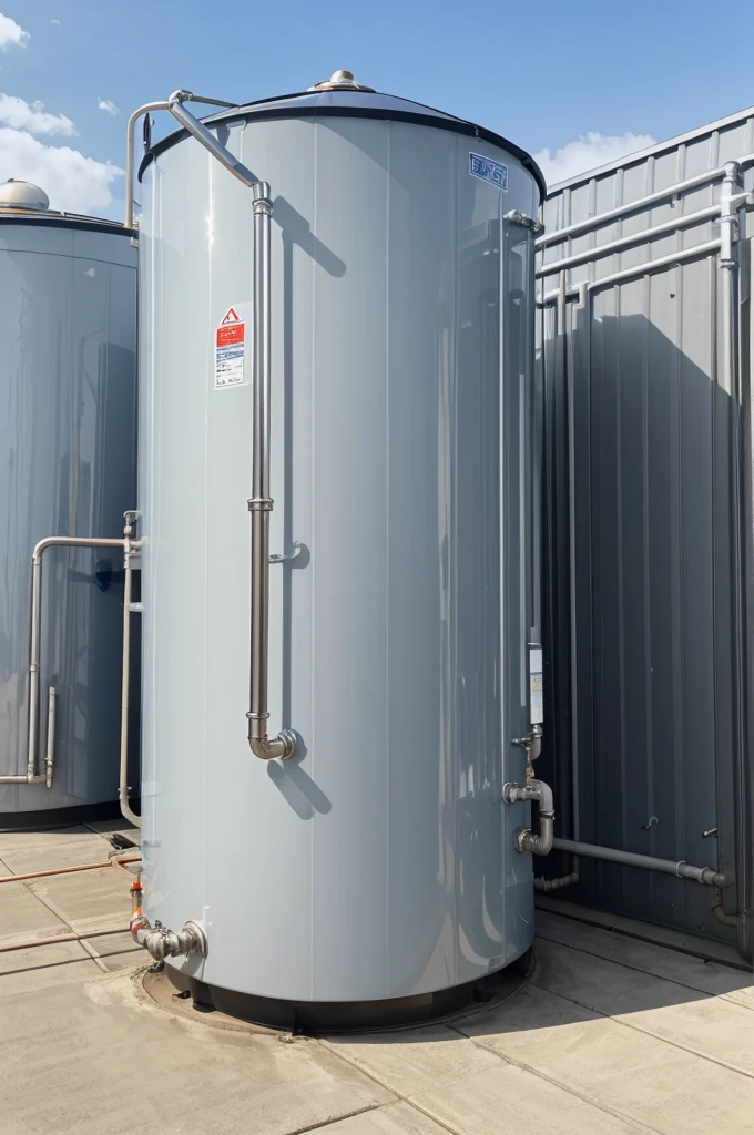 Image of commercial solar hot water tank with its parts, such as relief and pressure valve, the entry and exit of hot water, cold water inlet and outlet, storage tank, etc.